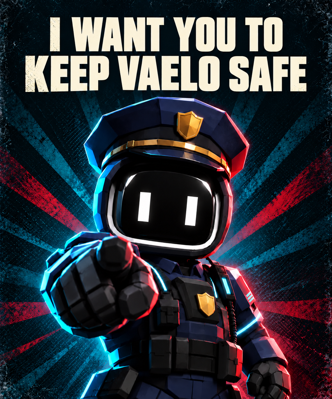 I want you to keep Vaelo safe. Vaelo police mascot pointing directly at you.